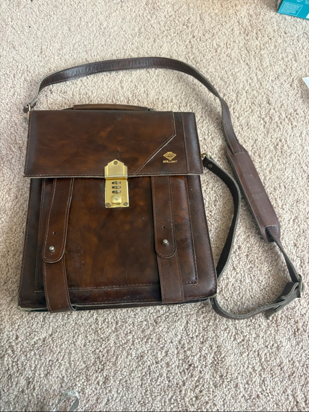 Genuine Leather Briefcase Satchel w/ Lock Brown Vintage Style